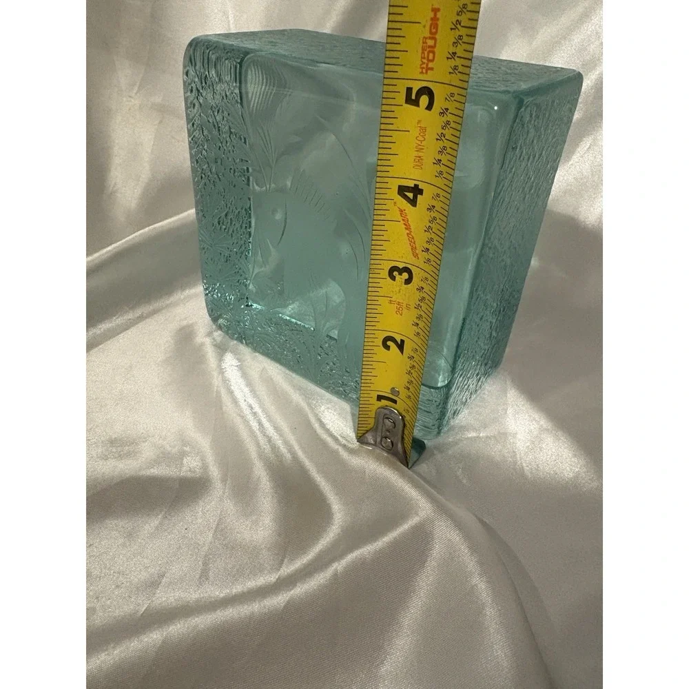 Etched Fish Paperweight Green Ice Block Signed Unique Carved Design